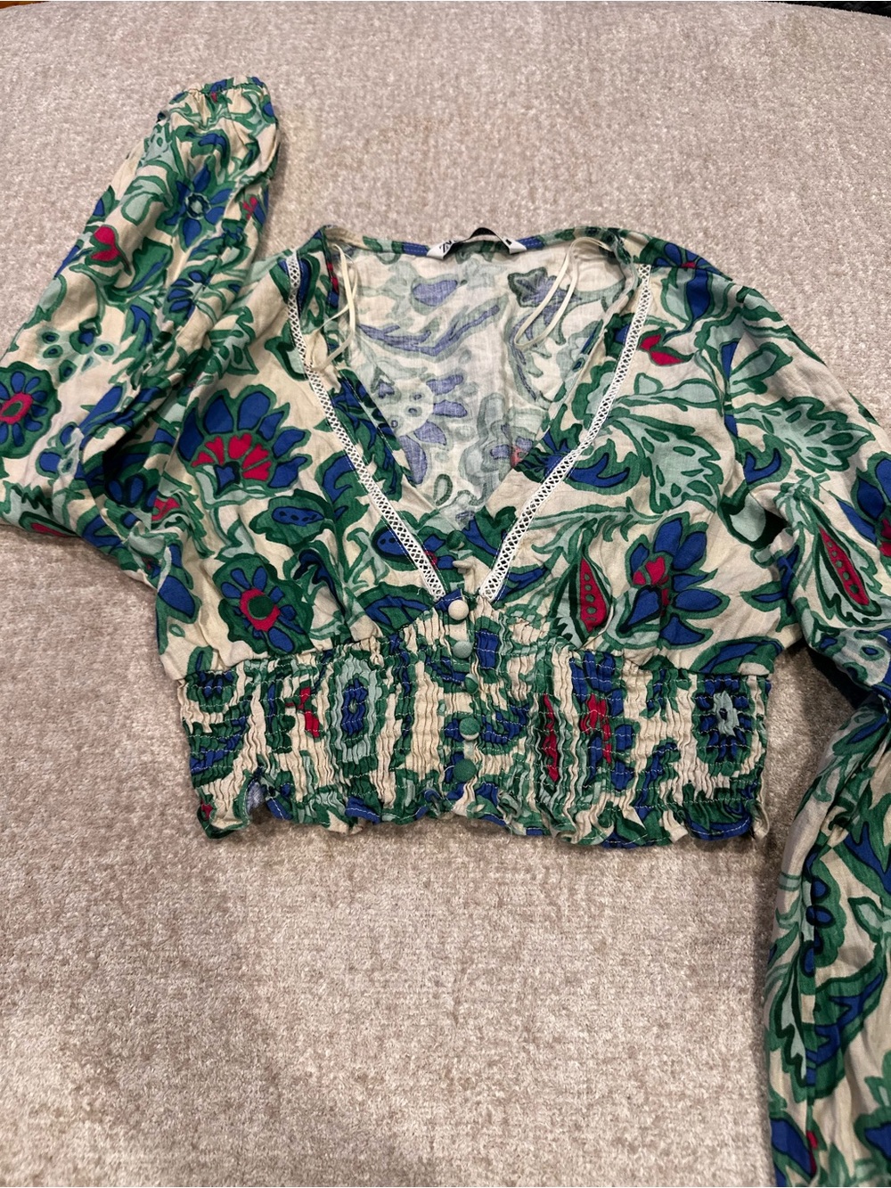 Zara Floral V-Neck Smocked Waist Women's Top - Green Multi